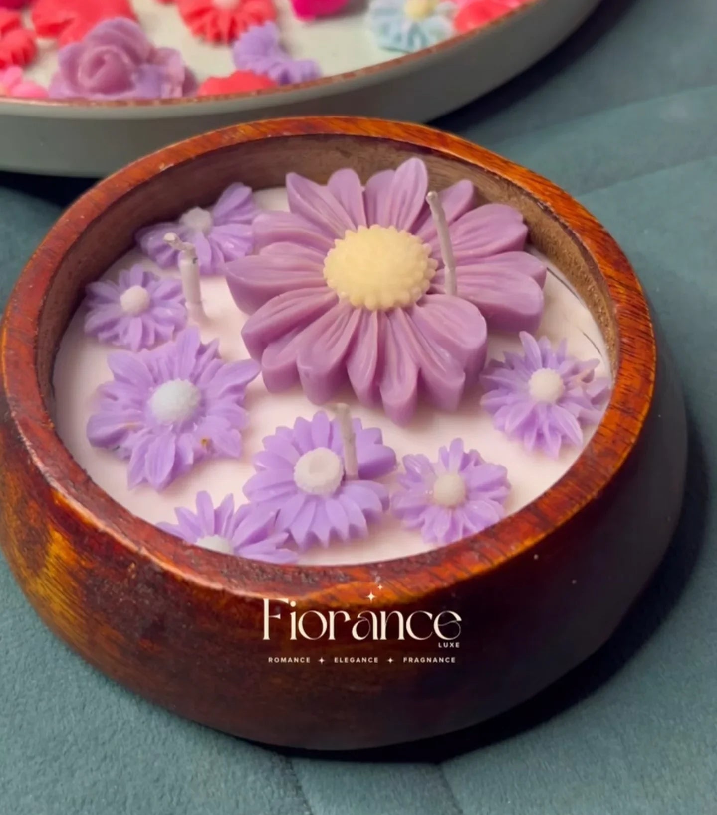 Fiorance Luxe luxury soy wax candle in wooden bowl with purple floral design