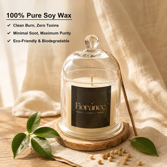 Bell jar candle with lid on a wooden coaster, surrounded by leaves and seeds, with 'Fiorance' branding.