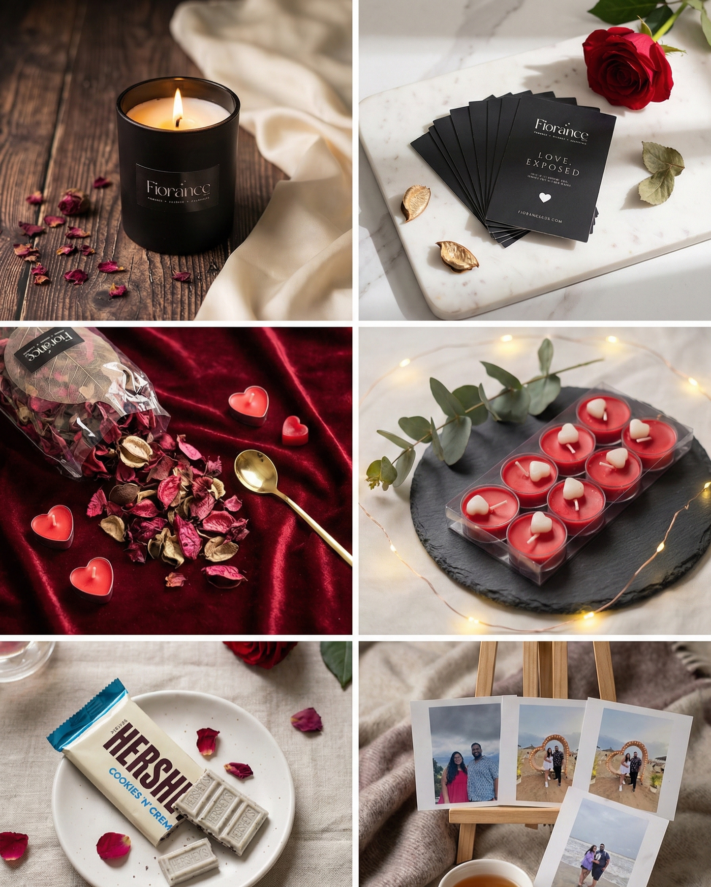 Collage of romantic products including candles, cards, and heart-shaped treats.