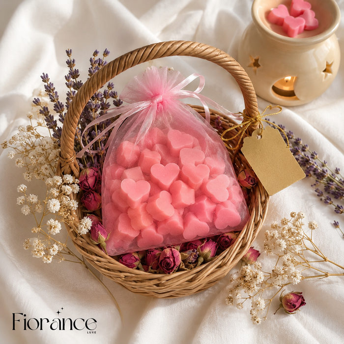 Fiorance Luxe heart wax melts 100gm multicolour in organza potli โ handmade soy wax melts set for wax warmer