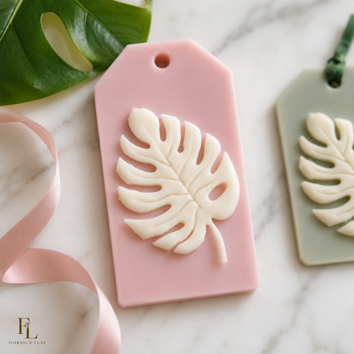Fiorance Luxe monstera leaf wax sachet set of 3 – scented soy wax sachet with cream embossed monstera design for wardrobe