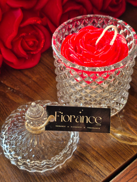 Fiorance Luxe red rose soy wax candle in glass jar with lid and roses, luxury scented candle.