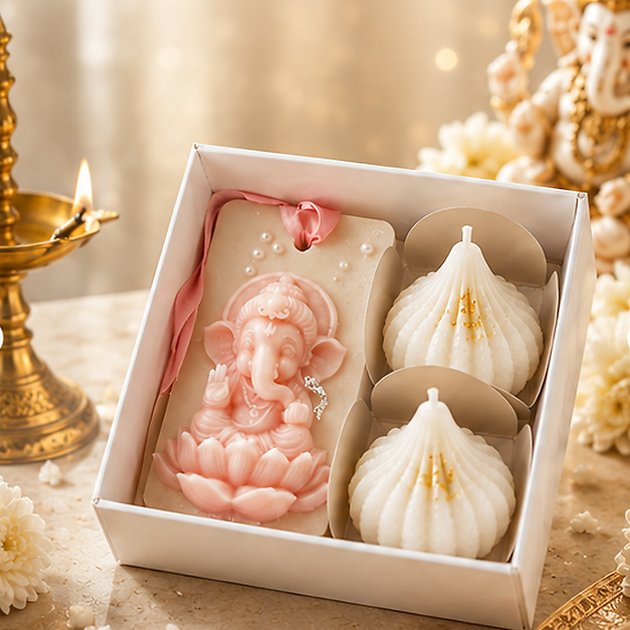 White Modak candles and Ganesha wax sachet mini hamper gift set