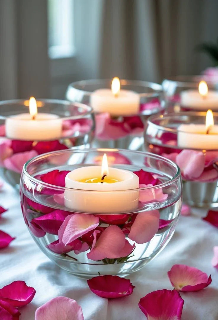 Floating white candles in glass bowls with pink rose petals, Fiorance Luxe luxury decor