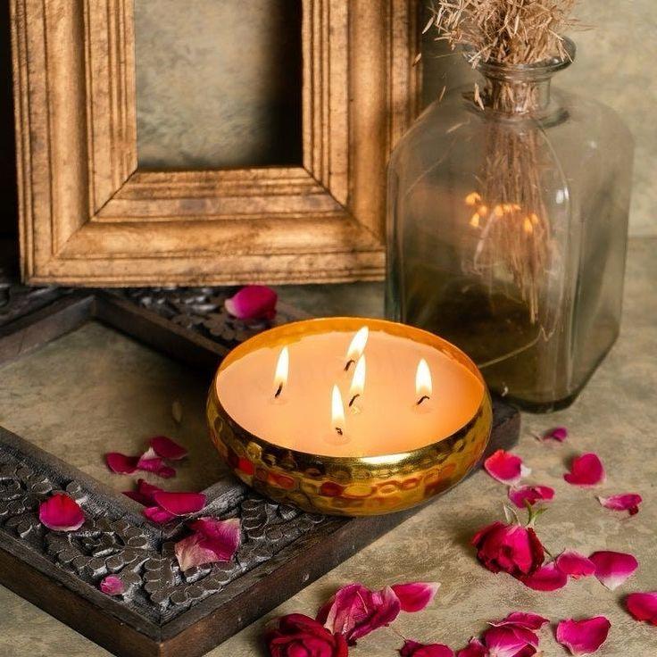 Luxury soy wax candle in golden bowl with rose petals, vintage decor, Fiorance Luxe India