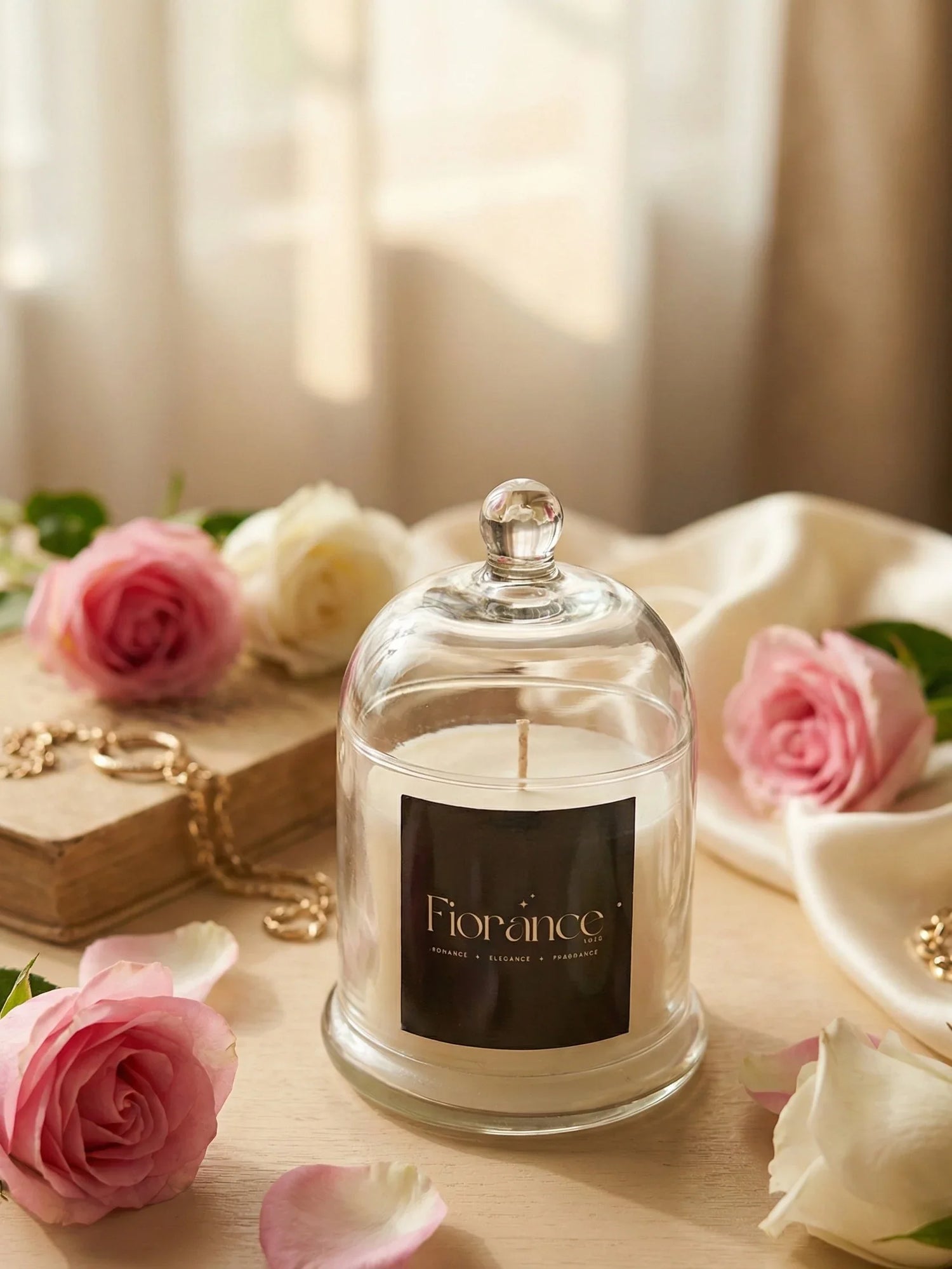 Fiorance Luxe soy wax candle in glass cloche on table with pink roses and elegant decor
