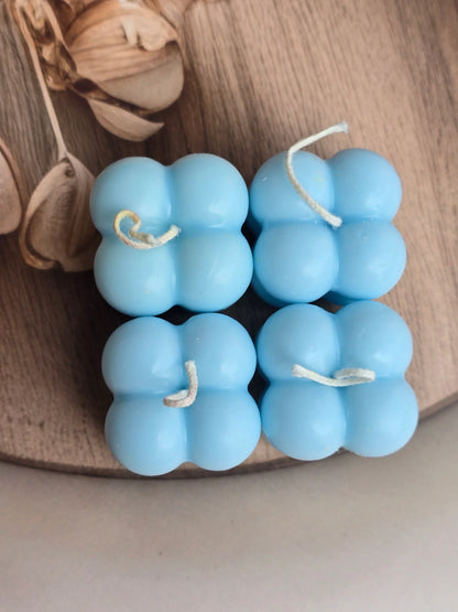 Blue bubble soy wax candles by Fiorance Luxe on a wooden tray, premium handcrafted home decor