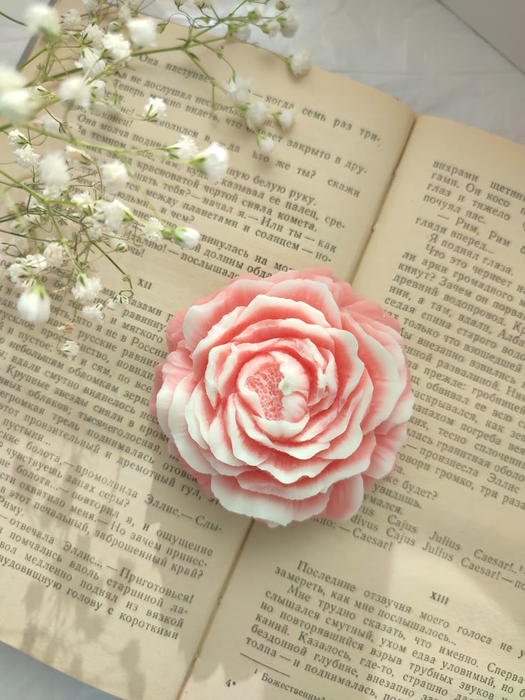 Pink flower hair clip on an open book with baby's breath flowers.