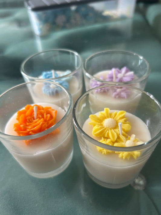 Handcrafted Fiorance Luxe soy wax floral candles in glass jars with colorful flower designs
