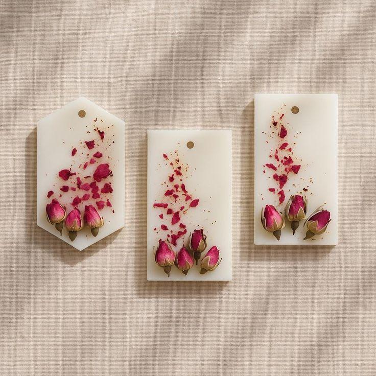 Handmade soy wax sachets with dried rosebuds on linen, Fiorance Luxe botanical air freshener