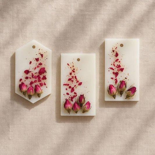 Handmade soy wax sachets with dried rosebuds on linen, Fiorance Luxe botanical air freshener