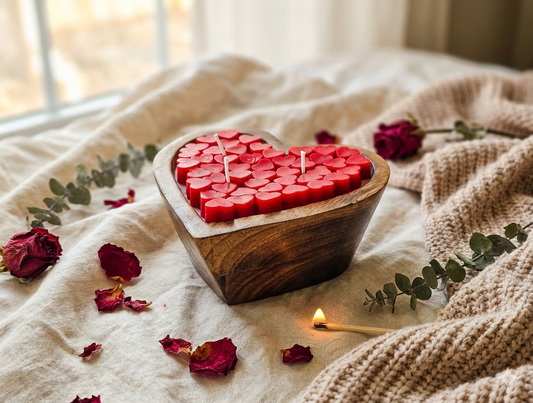 Rustic Heart Wooden Bowl Candle - 6 Inch Multi-Wick