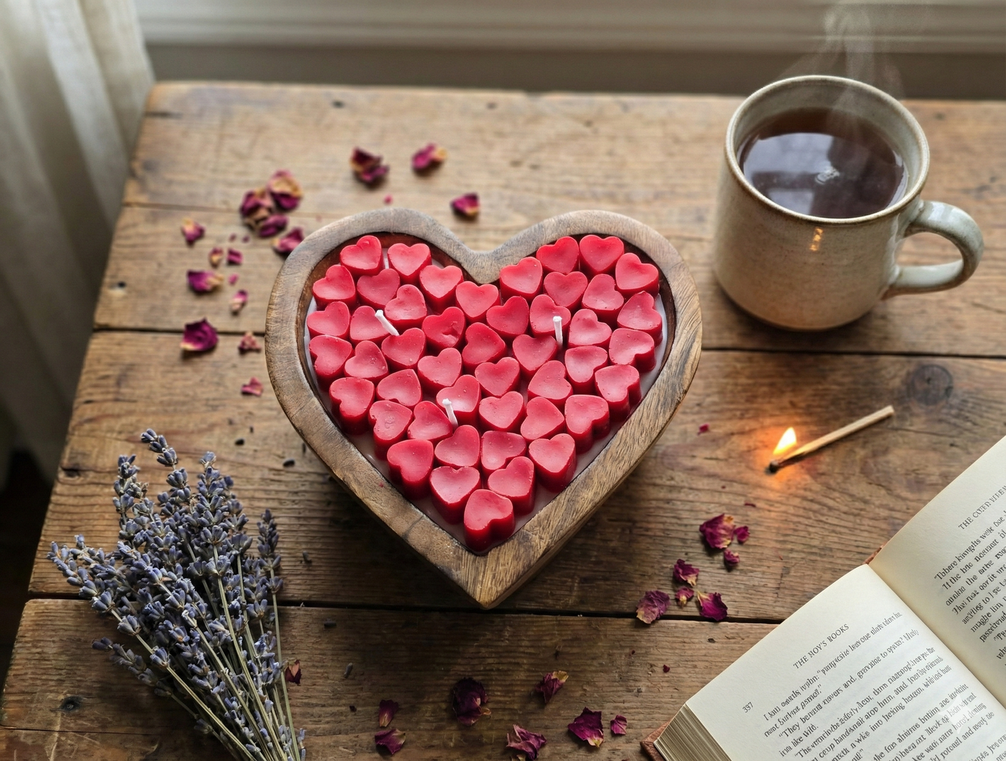 Rustic Heart Wooden Bowl Candle - 6 Inch Multi-Wick