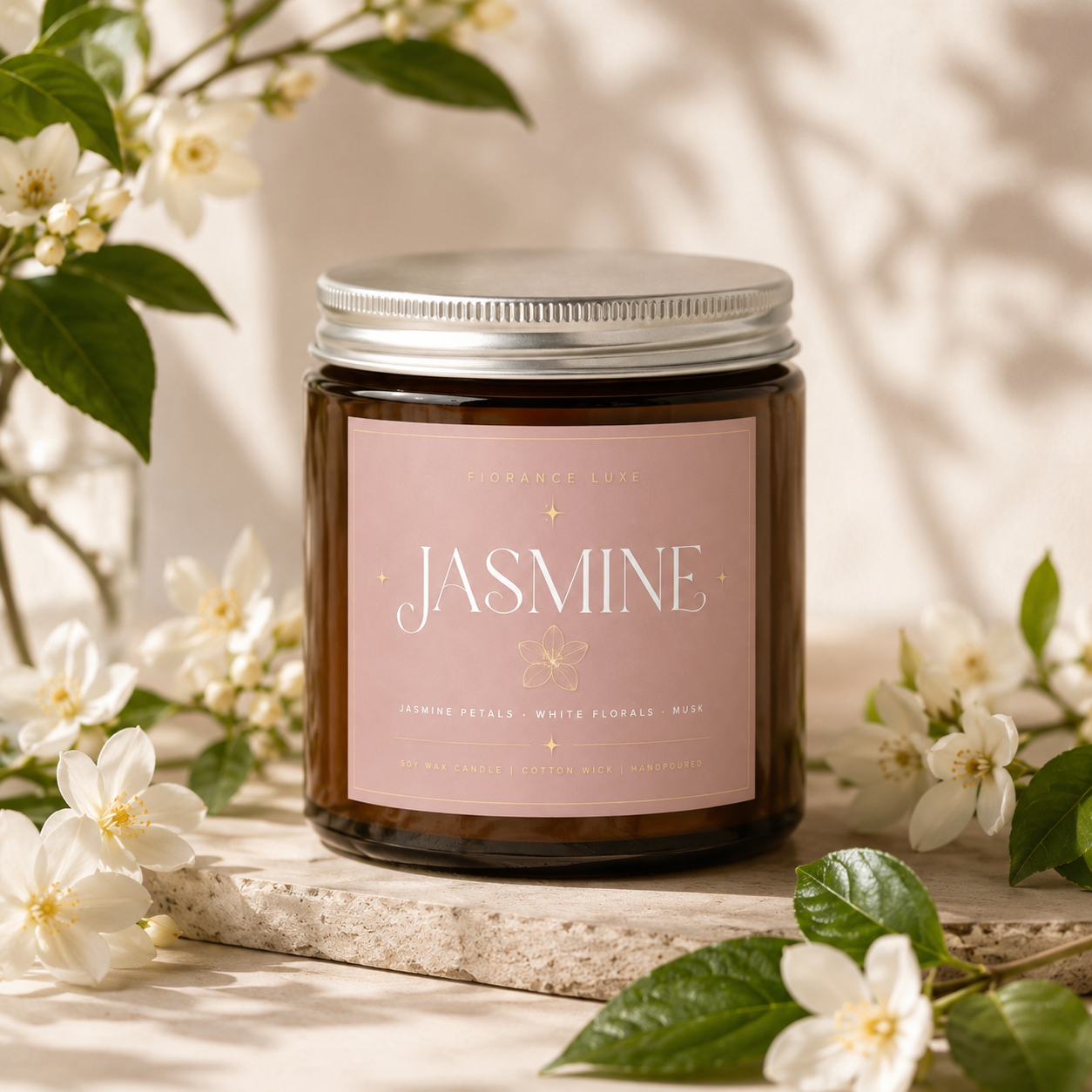 A dark amber glass jar candle with a silver metal lid and a dusty pink label reading 'JASMINE' in white script, styled on a stone slab with white jasmine flowers and green leaves in soft sunlight.