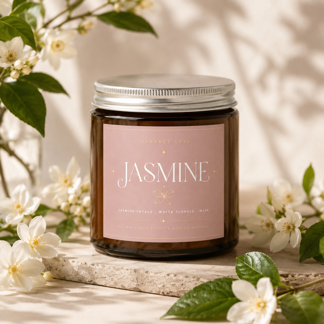 A dark amber glass jar candle with a silver metal lid and a dusty pink label reading 'JASMINE' in white script, styled on a stone slab with white jasmine flowers and green leaves in soft sunlight.