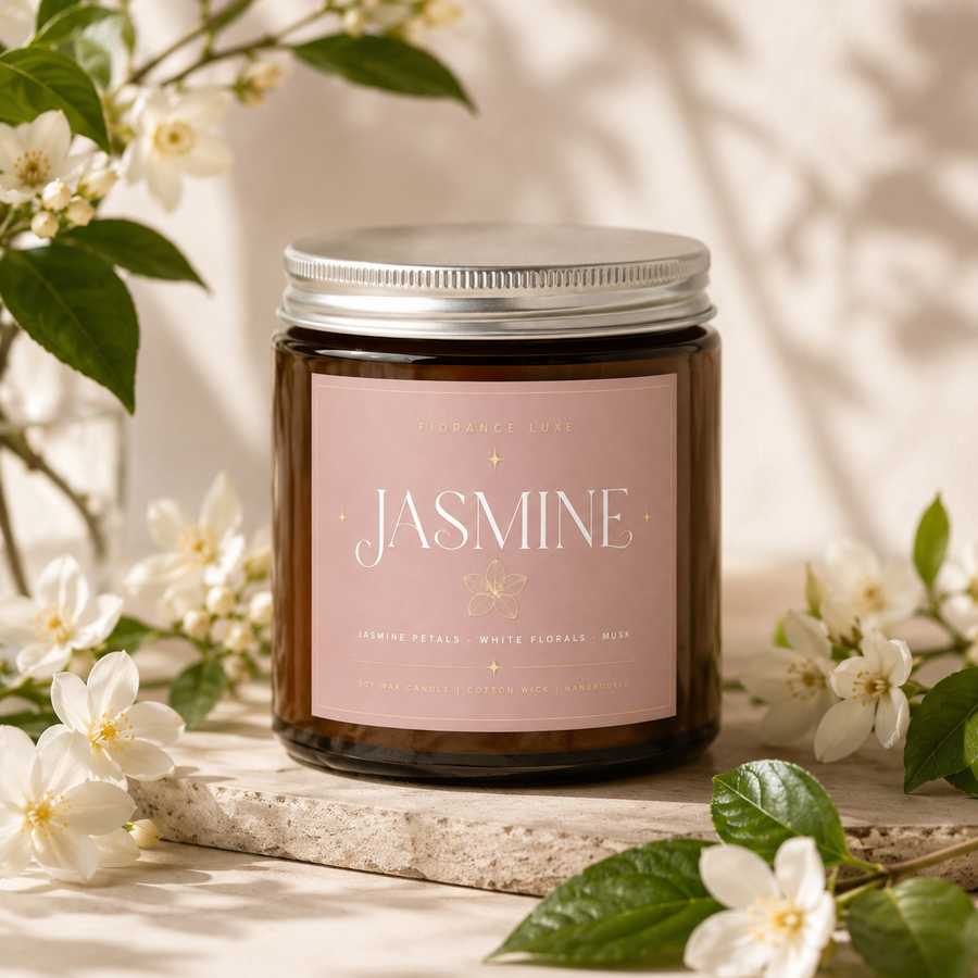 A dark amber glass jar candle with a silver metal lid and a dusty pink label reading 'JASMINE' in white script, styled on a stone slab with white jasmine flowers and green leaves in soft sunlight.