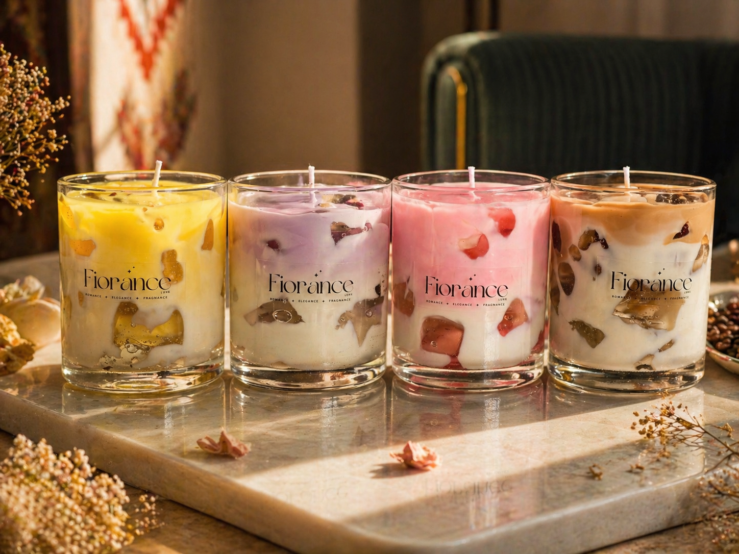 Four glass candles labeled 'Florence' on a marble surface with decorative elements.