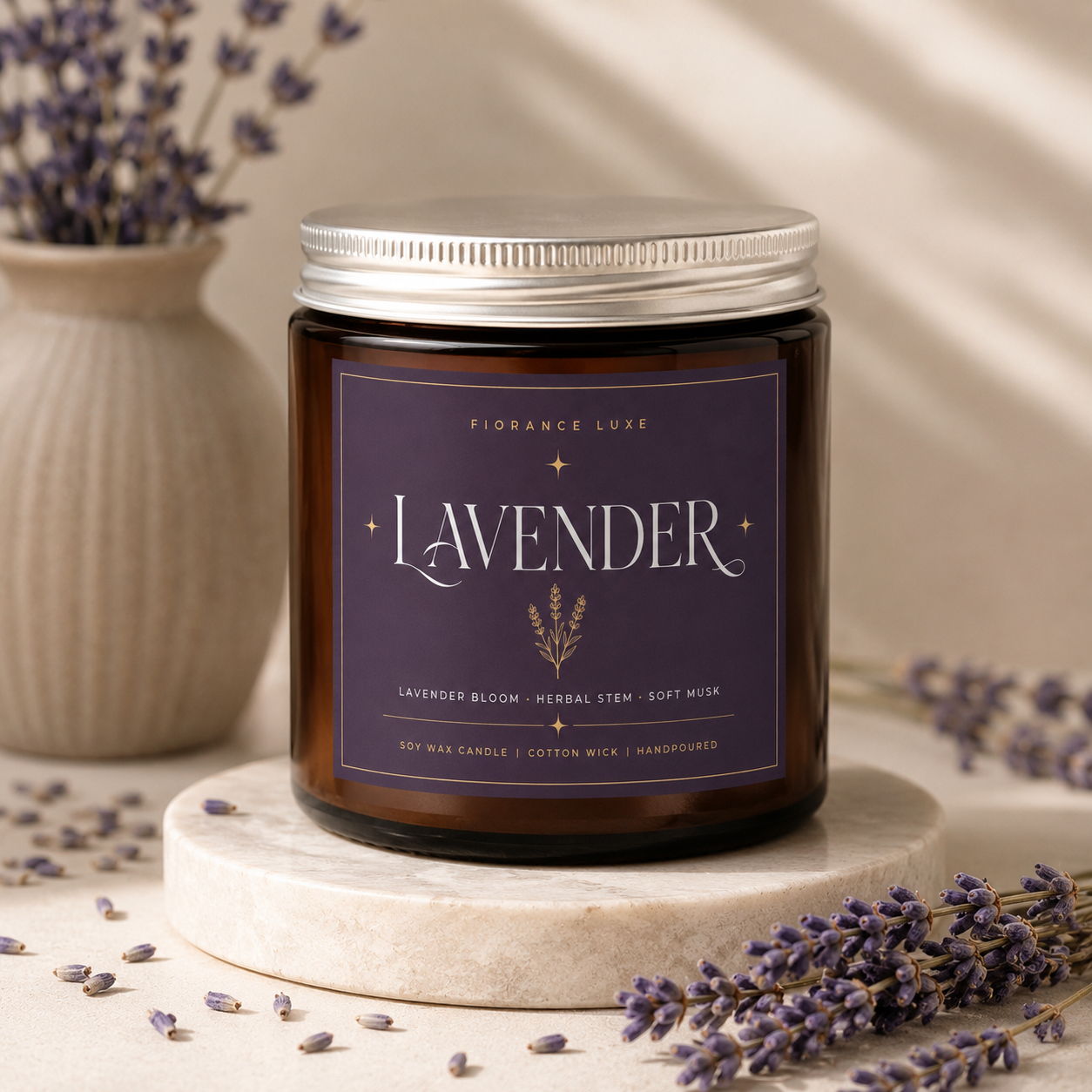 A lavender scented soy wax candle in an amber glass jar with a silver lid and a dark purple label, styled on a marble coaster with lavender sprigs and a ceramic vase in the background.