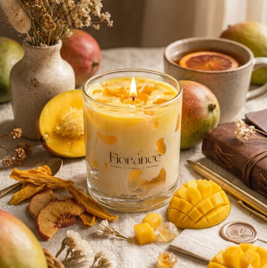 Fiorance candle with mango slices, flowers, and a cup of tea on a table.