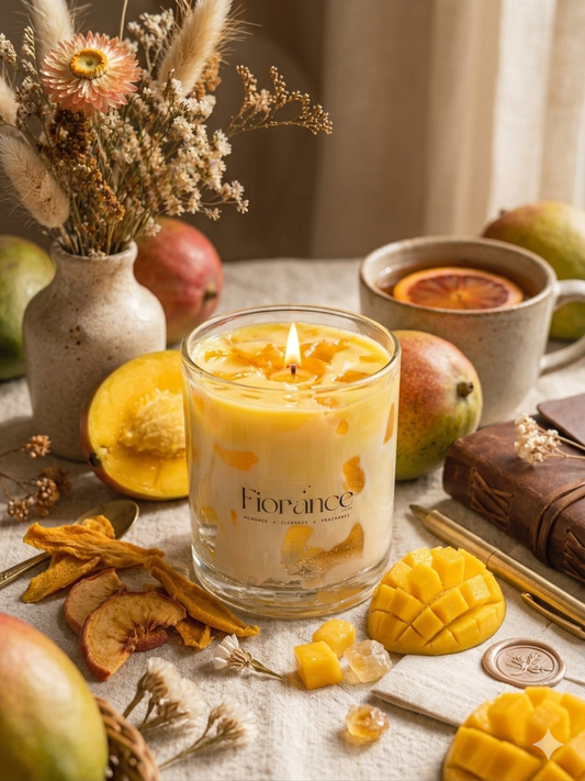 Fiorance candle with mango slices, flowers, and a cup of tea on a table.