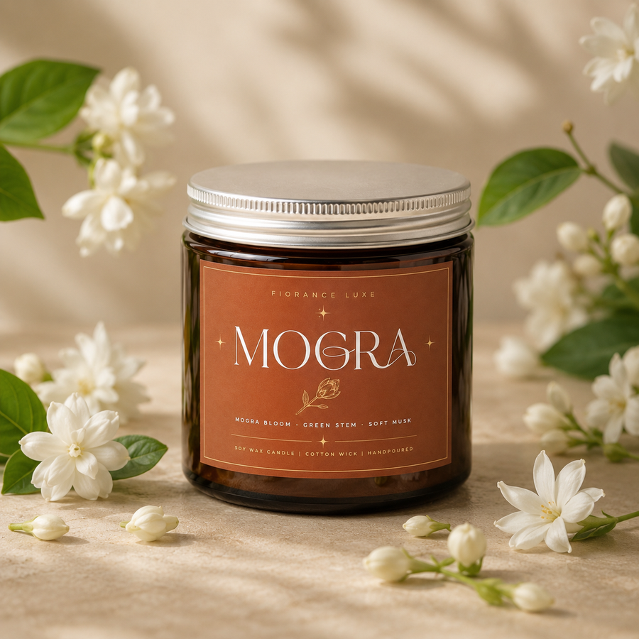 A dark amber glass candle jar with a silver lid and a warm brown label reading MOGRA, styled on a beige surface with white flowers and green leaves around it.
