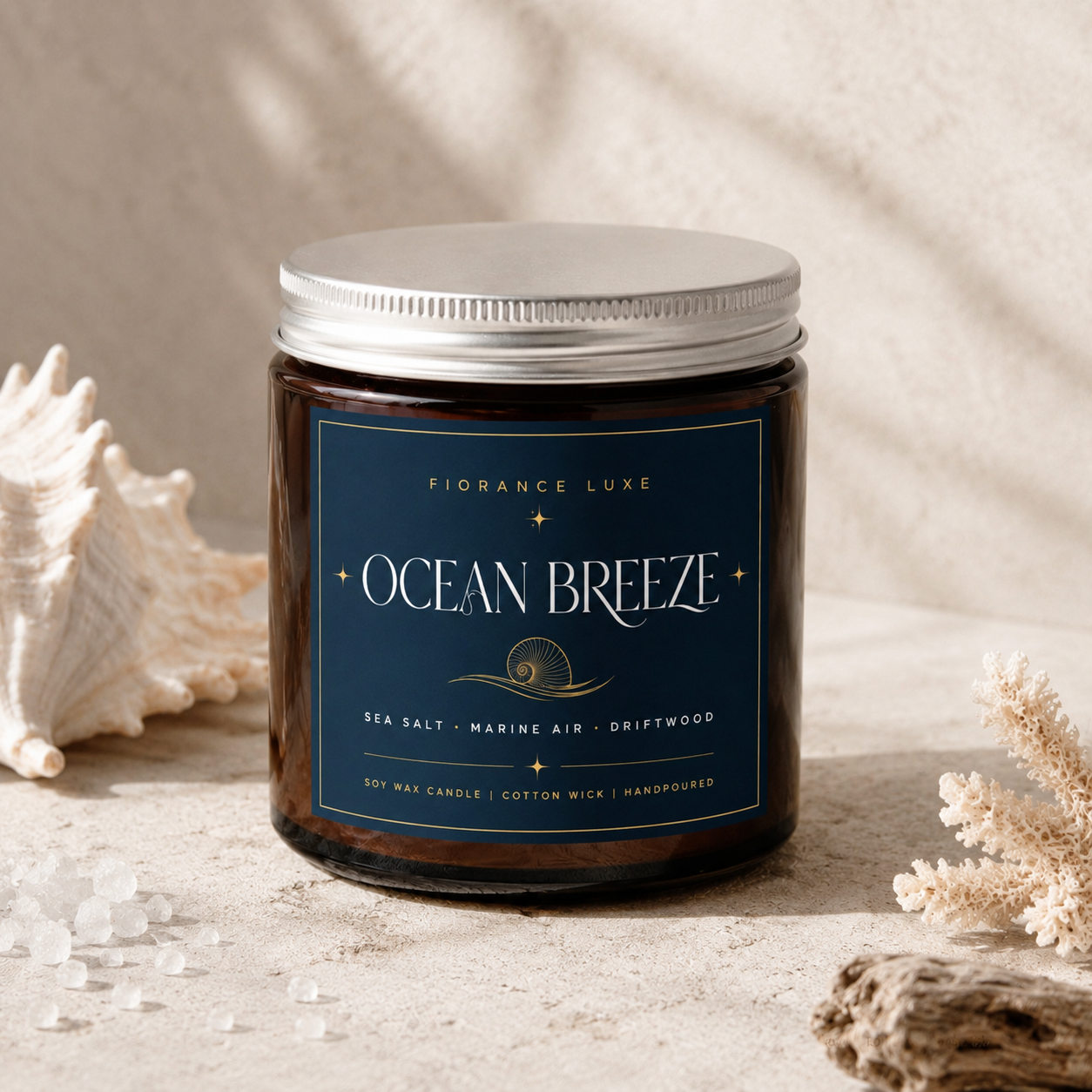 A jar candle labeled 'Ocean Breeze' by Fiorance Luxe, set on a sandy surface with seashells and dried coral props. The candle jar is amber glass with a silver lid and a dark blue label.