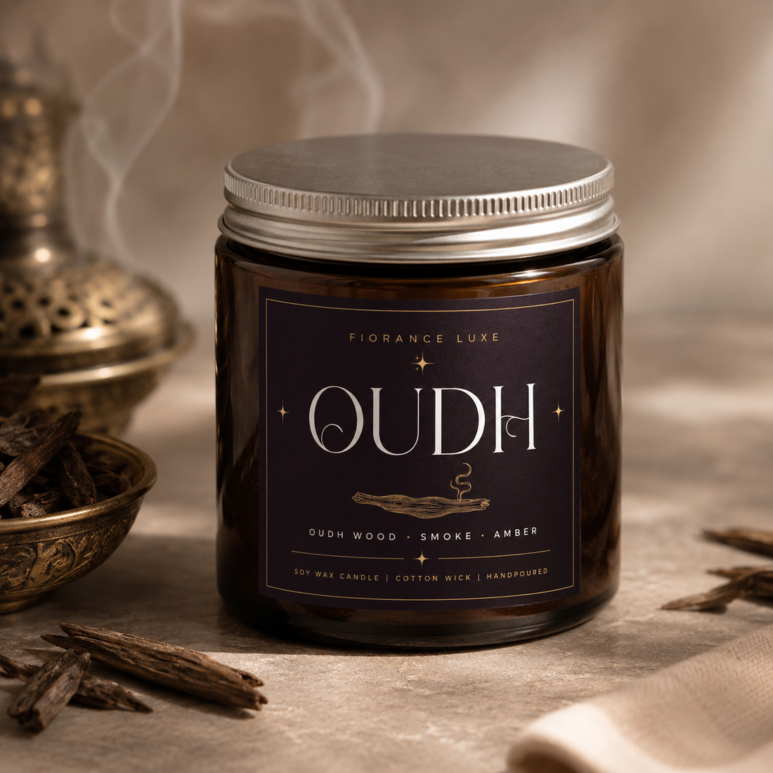 A dark amber glass jar candle with a silver metal lid and a dark purple label reading 'Fiorance Luxe OUDH' and 'Oud Wood - Smoke - Amber'. The candle is styled on a textured beige surface with warm lighting, a brass incense burner, and dried spices in the background.