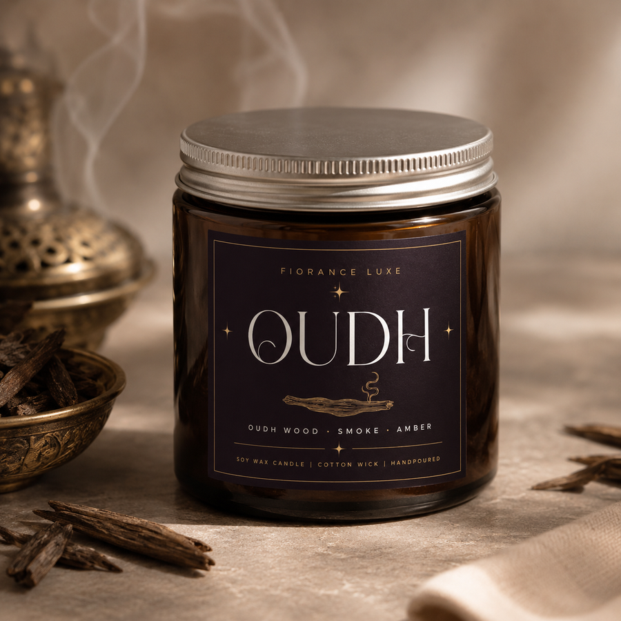 A dark amber glass jar candle with a silver metal lid and a dark purple label reading 'Fiorance Luxe OUDH' and 'Oud Wood - Smoke - Amber'. The candle is styled on a textured beige surface with warm lighting, a brass incense burner, and dried spices in the background.
