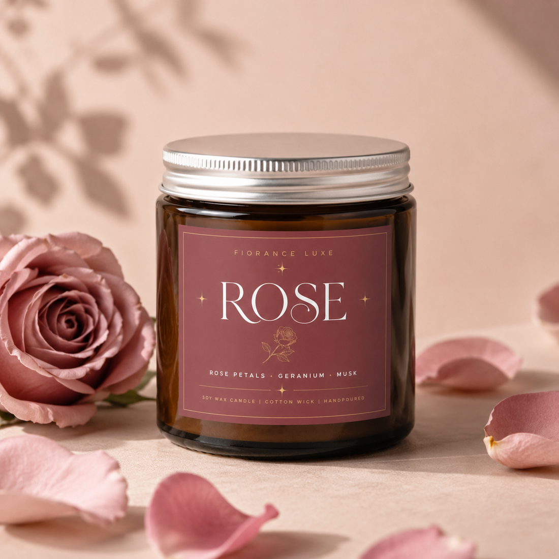 A dark amber glass jar candle with a silver metal lid and a dusty rose label reading 'Fiorance Luxe ROSE', styled with a pink rose and scattered rose petals on a warm beige surface.