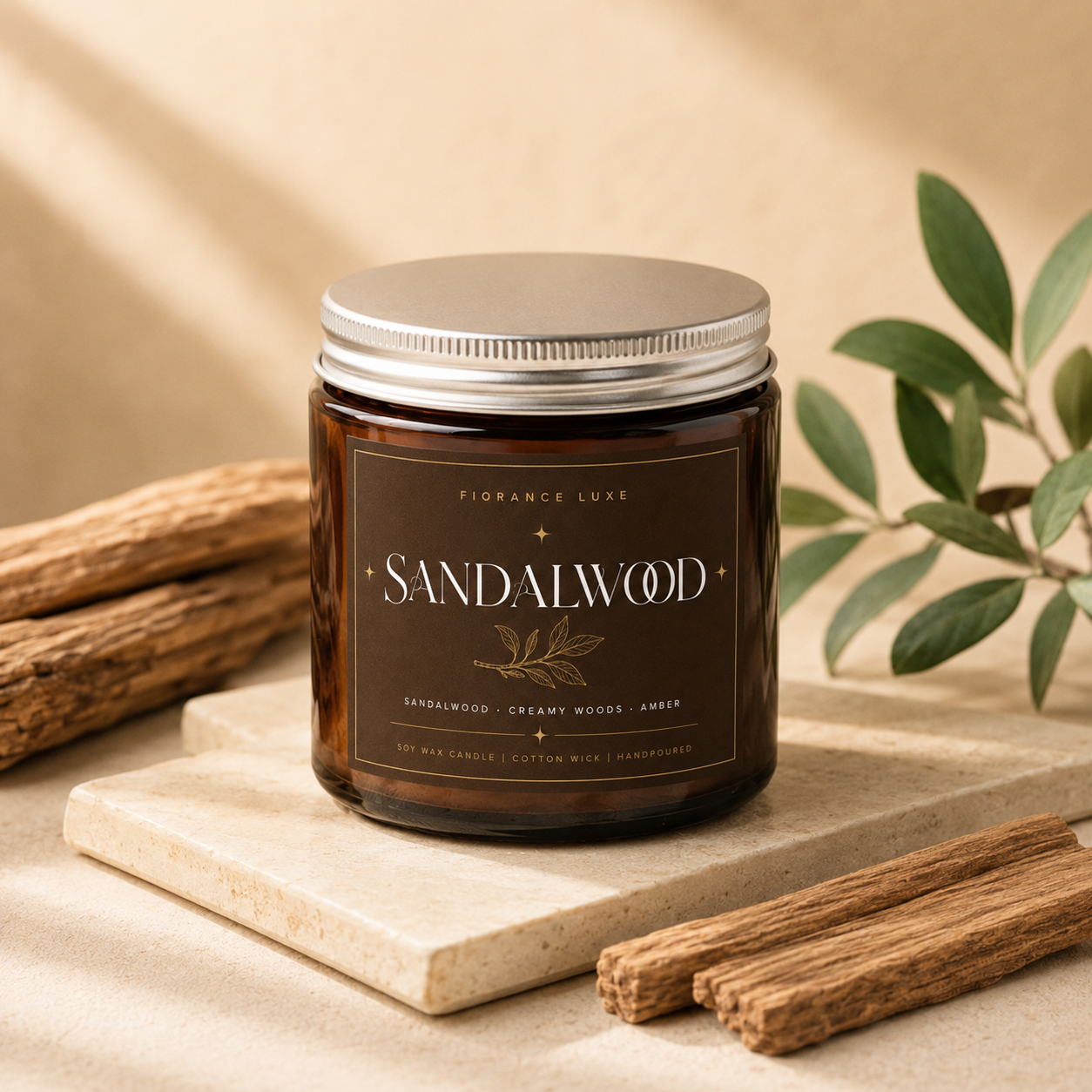 A candle in an amber glass jar with a silver lid and a dark brown label reading 'SANDALWOOD' and 'Fiorance Luxe', styled on a stone slab with cinnamon sticks and green leaves against a warm beige background.
