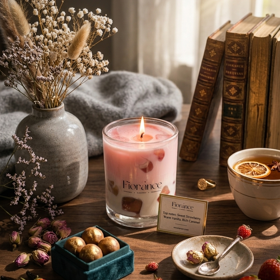 Strawberry latte candle by fiorance luxe branding on a wooden table with books, flowers, and a cup of tea.