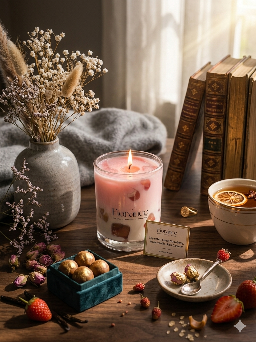 Strawberry latte candle by fiorance luxe branding on a wooden table with books, flowers, and a cup of tea.