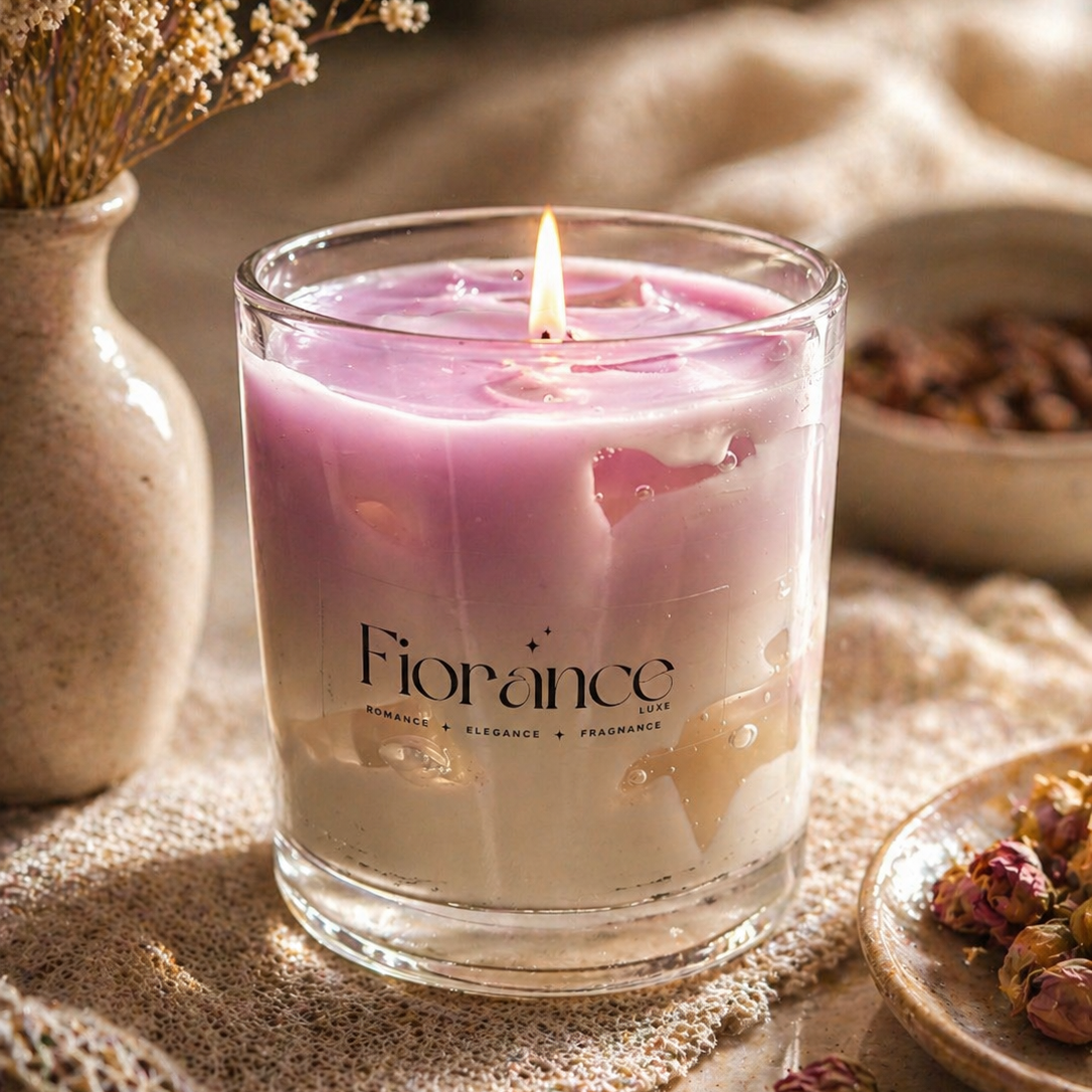 Fiorance candle with a purple and white design on a textured surface with decorative elements.