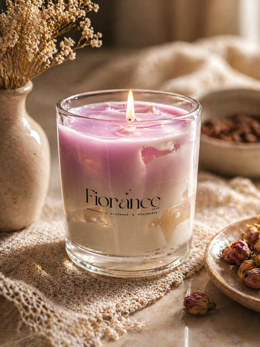 Fiorance candle with a purple and white design on a textured surface with decorative elements.