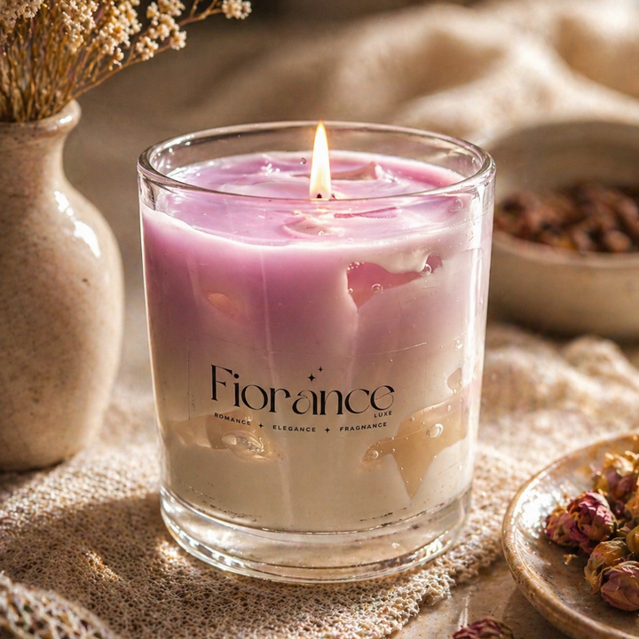 Fiorance candle with a purple and white design on a textured surface with decorative elements.