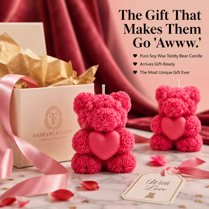 Pink teddy bear-shaped candles with a gift box and ribbon on a marble surface.