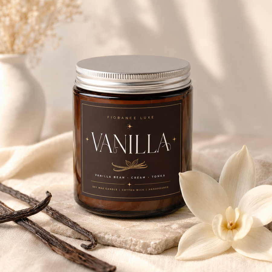 A jar candle labeled 'VANILLA' by Florance Luxe, set on a textured cream cloth with vanilla beans and a white flower nearby in a warm, softly lit setting.