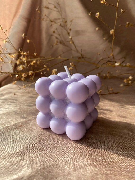 Lilac bubble cube candle on velvet background, Fiorance Luxe luxury soy wax home decor
