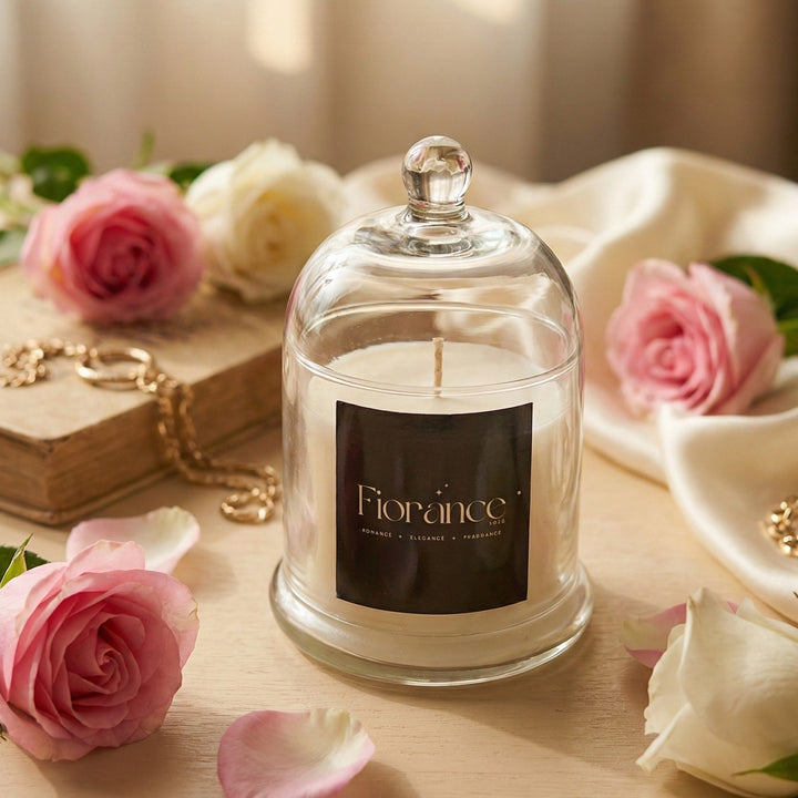 Fiorance Luxe soy wax candle in glass jar with pink and white roses, elegant home decor setting