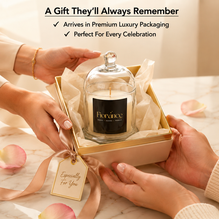 Bell glass jar candle in a gold box with a decorative tag, surrounded by hands and rose petals.