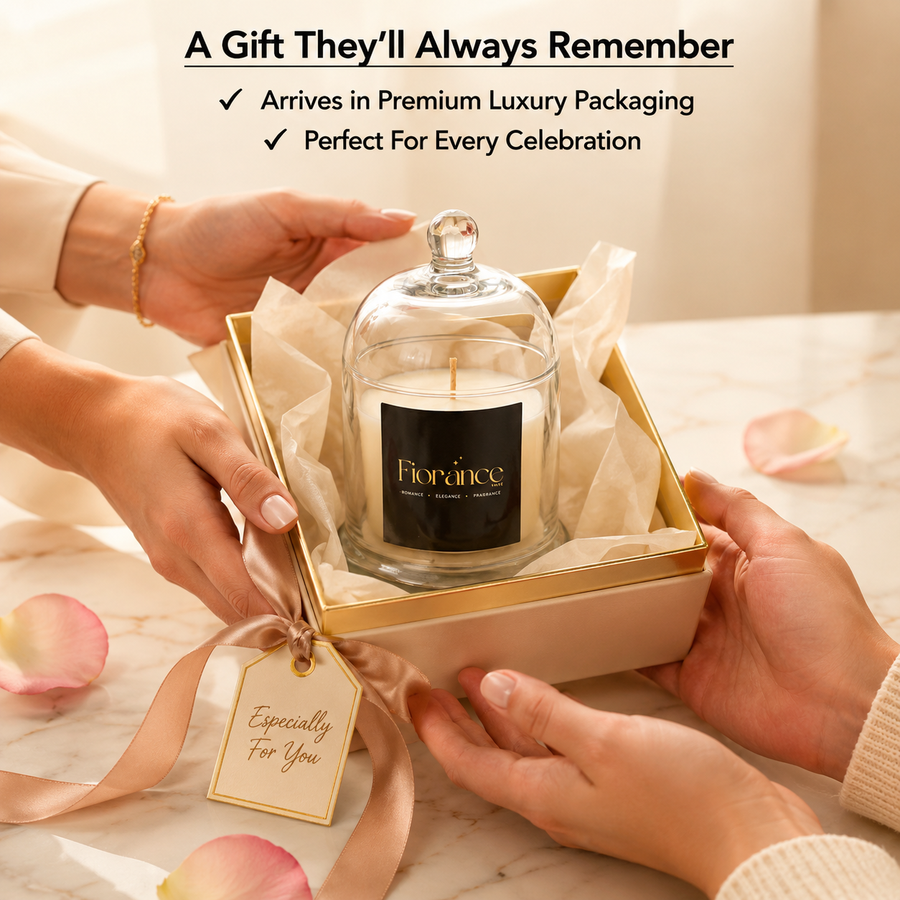 Fiorance Luxe luxury bell jar candle in gold gift box – premium soy wax candle for birthday and corporate gifting