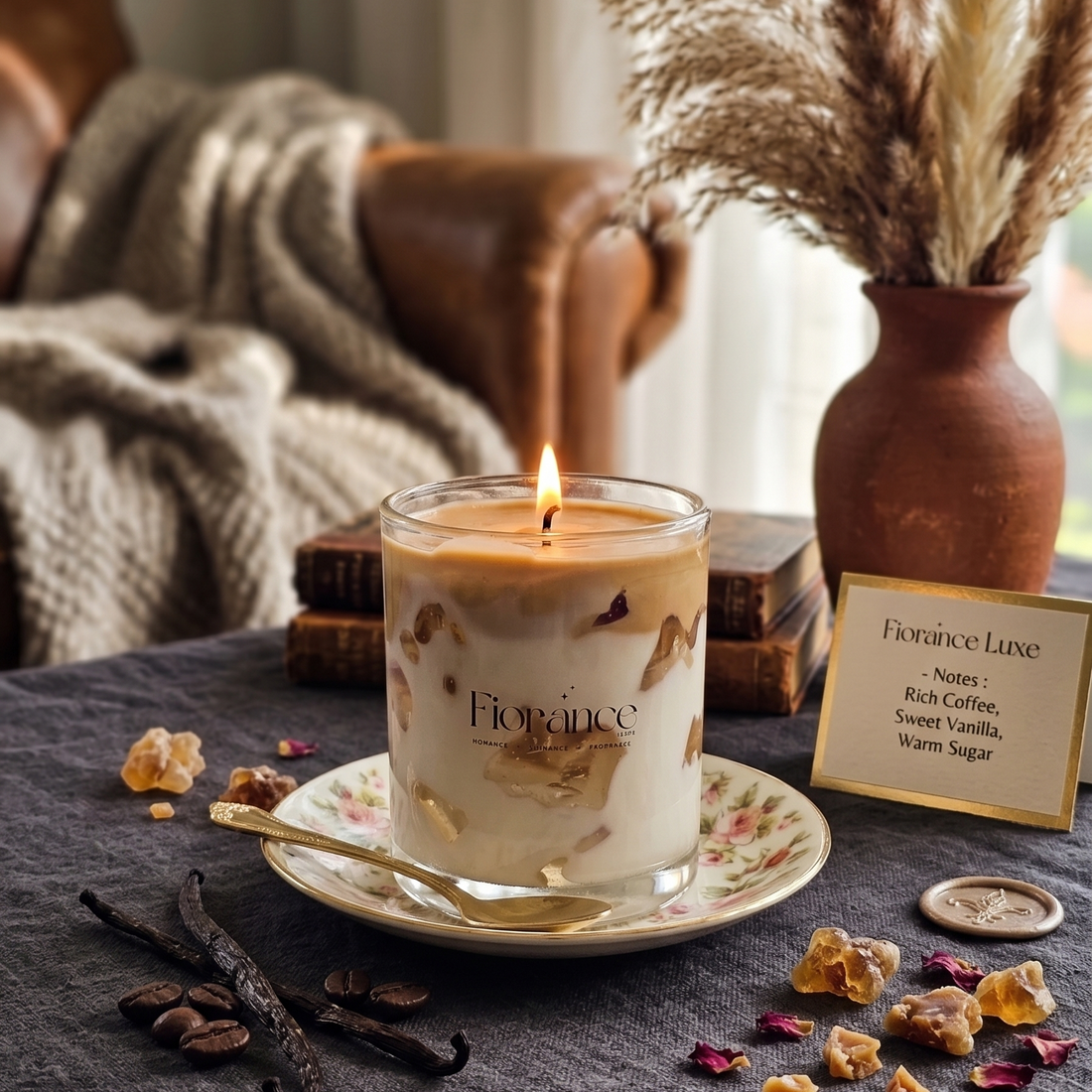Fiorance candle on a table with vanilla beans, dried flowers, and a vase in the background.