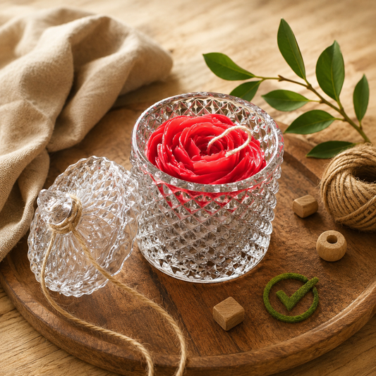 Clear crystal glass container with a red rose on a wooden surface with natural elements.