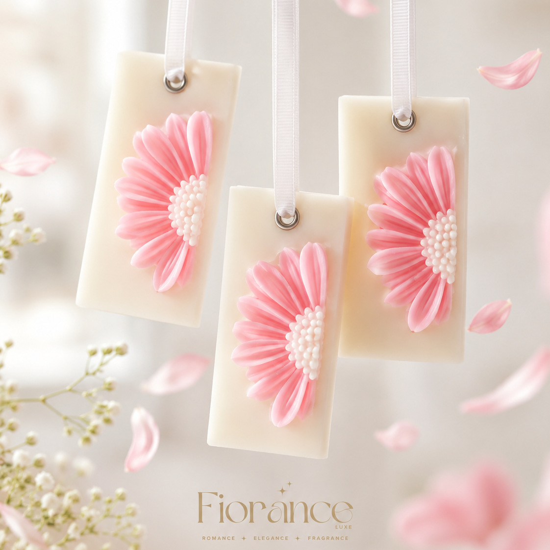 Three rectangular wax sachet with pink daisy floral designs hanging against a light background with floral elements.