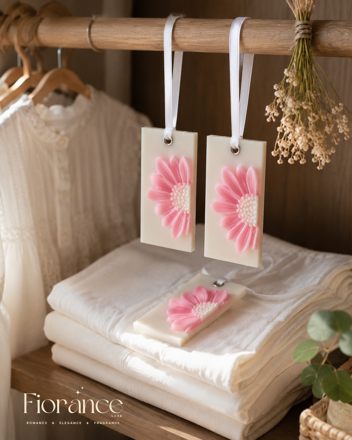 Decorative pink daisy wax sachets hanging on a wooden rack with an open book underneath.