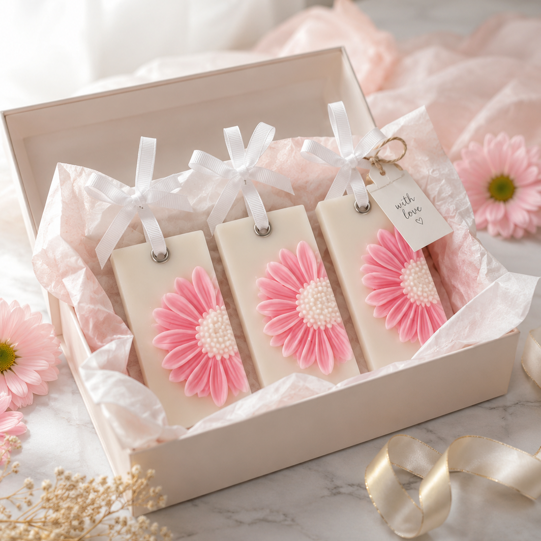 Three daisy wax sachet in a decorative box with 'Fiorance Luxe' branding.