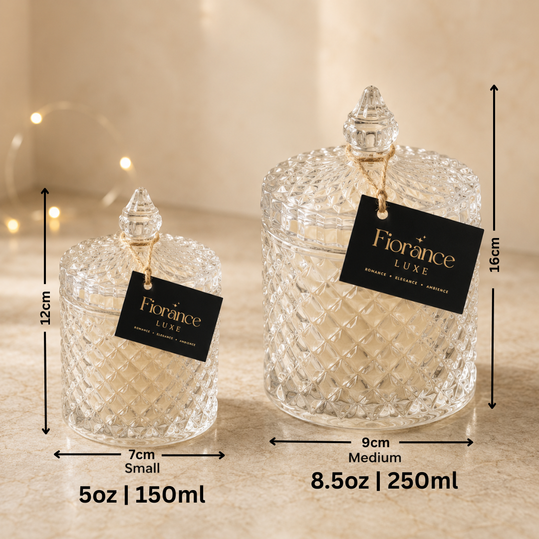Two crystal jars with lids, labeled 'Fiorance Luxe', and their dimensions on a neutral background.