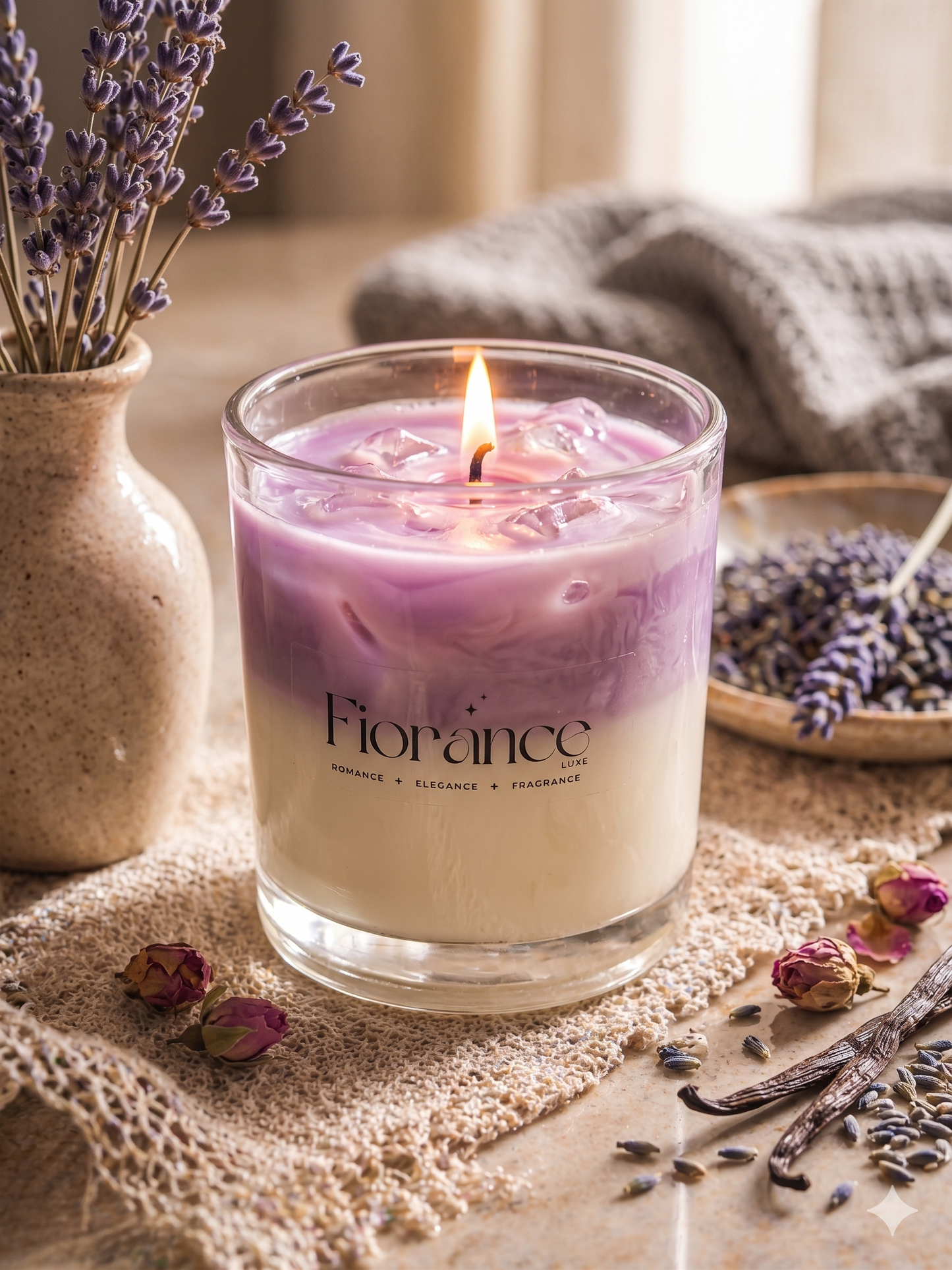 Candle with 'Fiorance' branding surrounded by lavender flowers and elements on a textured surface.