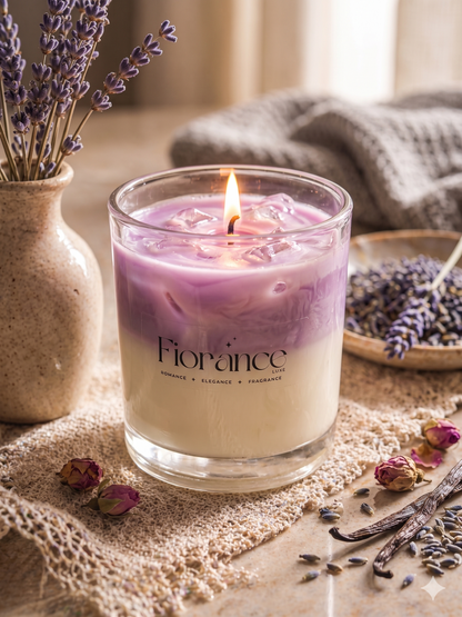 Candle with 'Fiorance' branding surrounded by lavender flowers and elements on a textured surface.