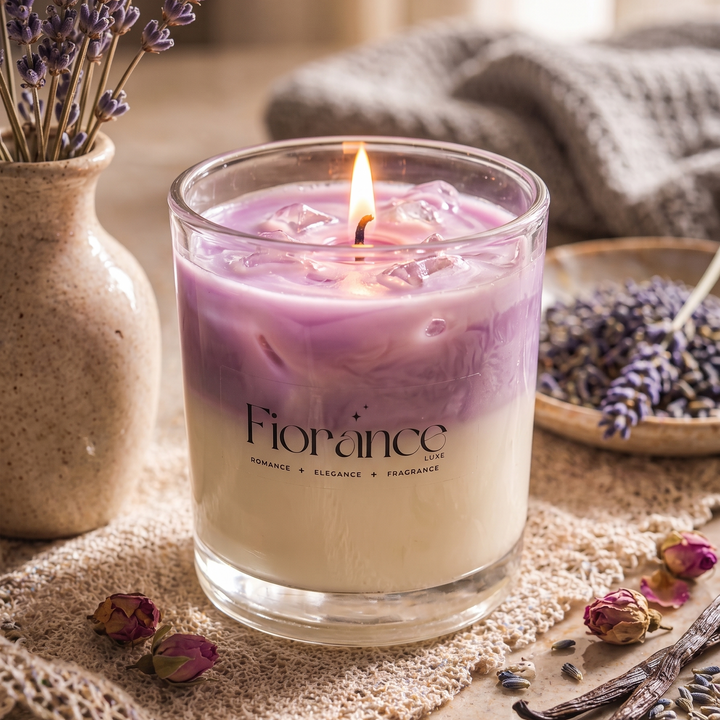 Candle with 'Fiorance' branding surrounded by lavender flowers and elements on a textured surface.